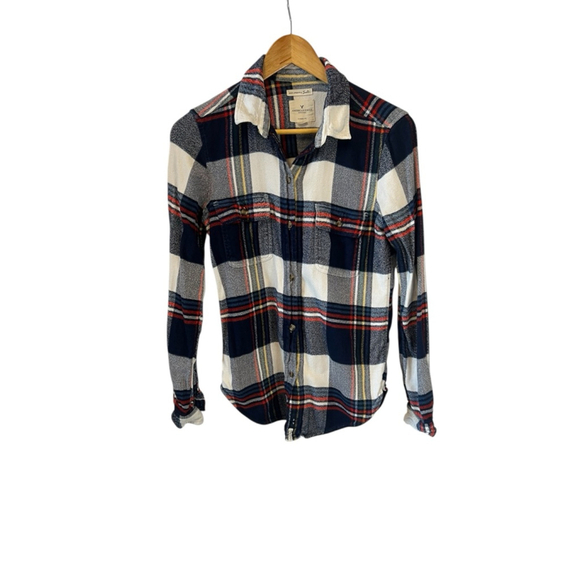 American Eagle Tops - Women's American Eagle Flannel Plaid Button Down Shirt S Blue White Long Top